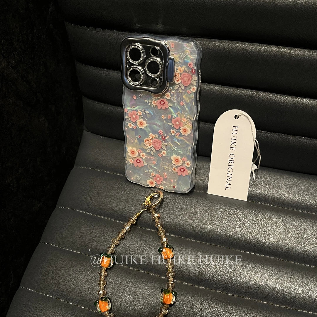 COLORFUL FLOWER Pearly Transparent Phone Case with Phone Charm Strap