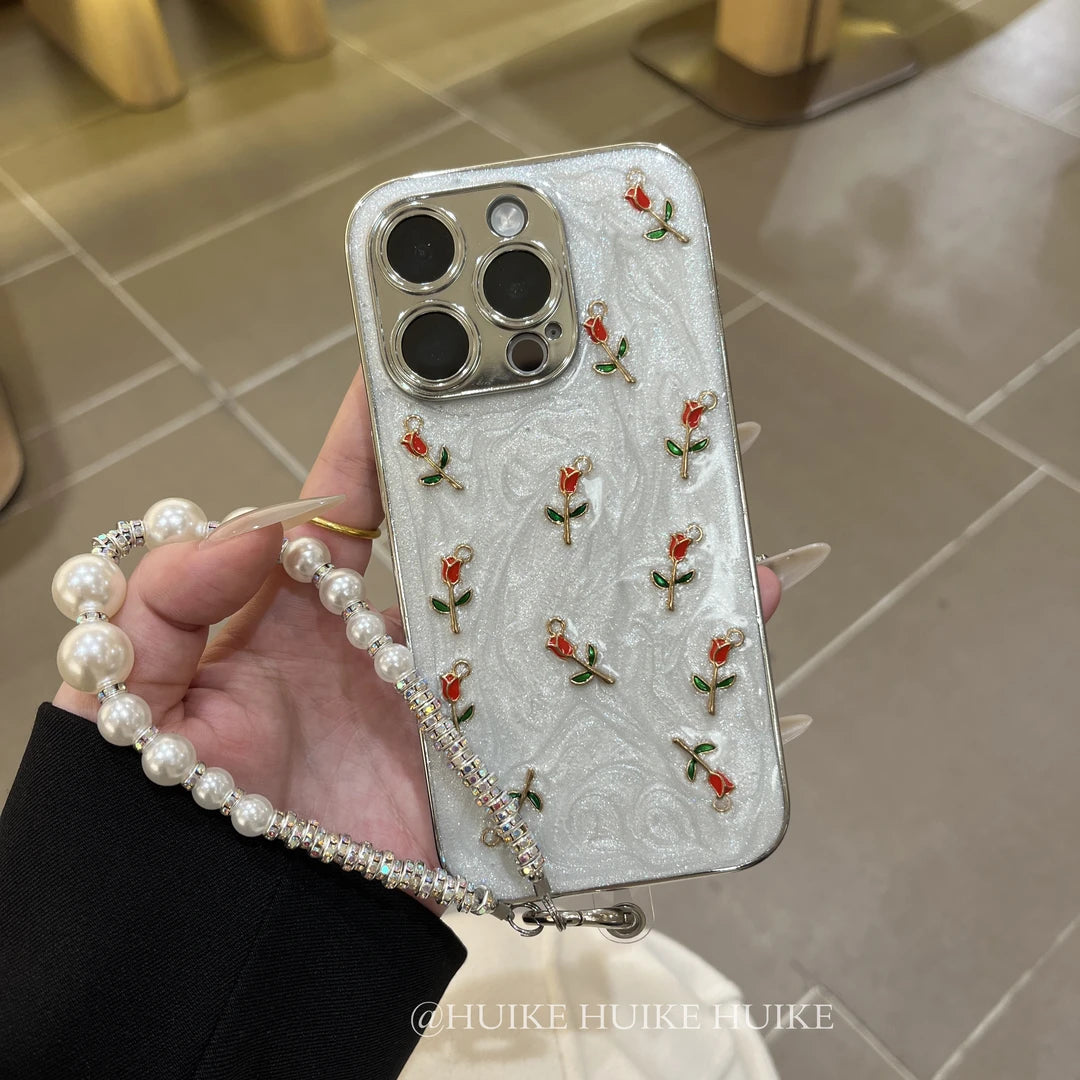 RED ROSES Drip Glue Fine Glitter Phone Case with Phone Charm Strap