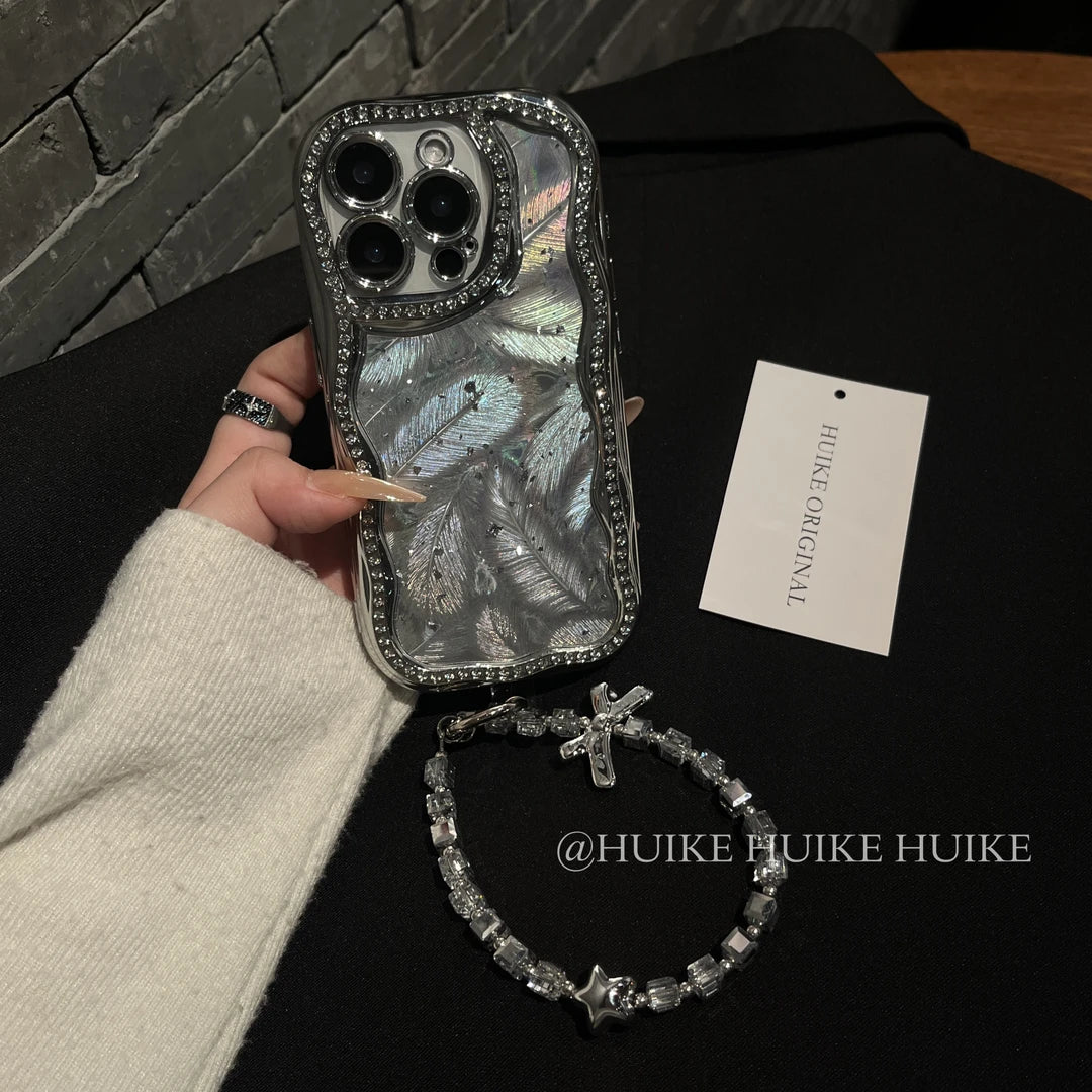 SLIVER FEATHER Sparkling Diamond Phone Case with Phone Charm Strap