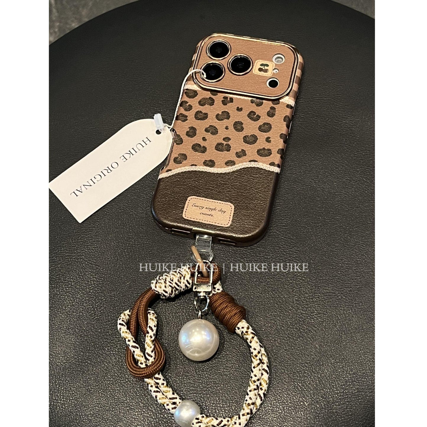 Leather Leopard Print Cherry Phone Case with Phone Charm Strap,Compatible for iphone 17