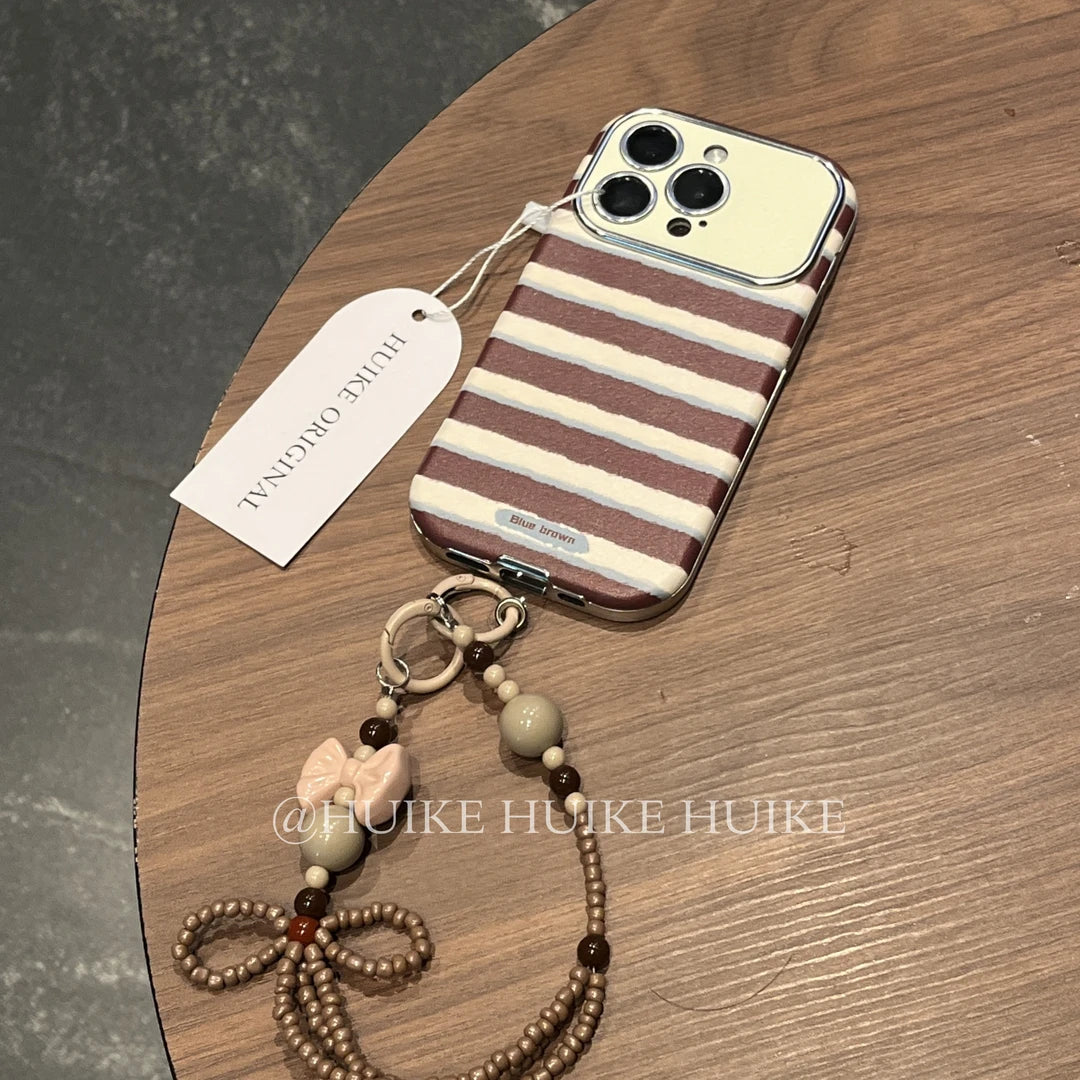 Blue Brown Stripe Phone Case with Phone Charm Strap,Compatible for iphone 17