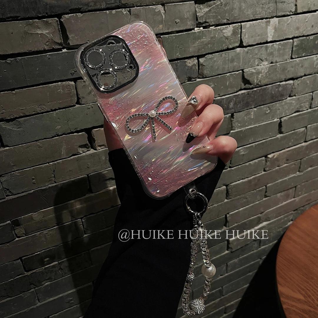 DIAMOND BOW Shell Pattern Phone Case with Phone Charm Strap