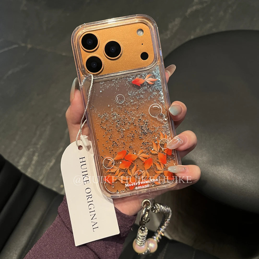 Transparent Water Flowing Goldfish Phone Case with Phone Charm Strap,Compatible for iphone 17