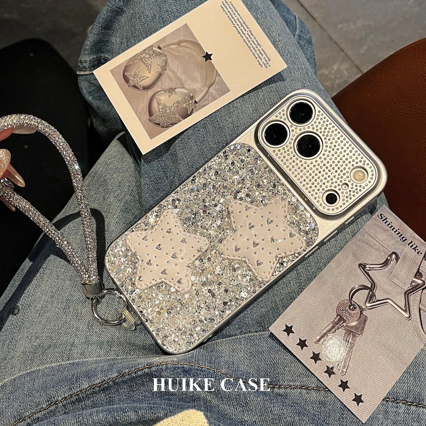 Sliver Gliter Hanfmade Star Phone Case with Phone Charm Strap,Compatible for iphone 17