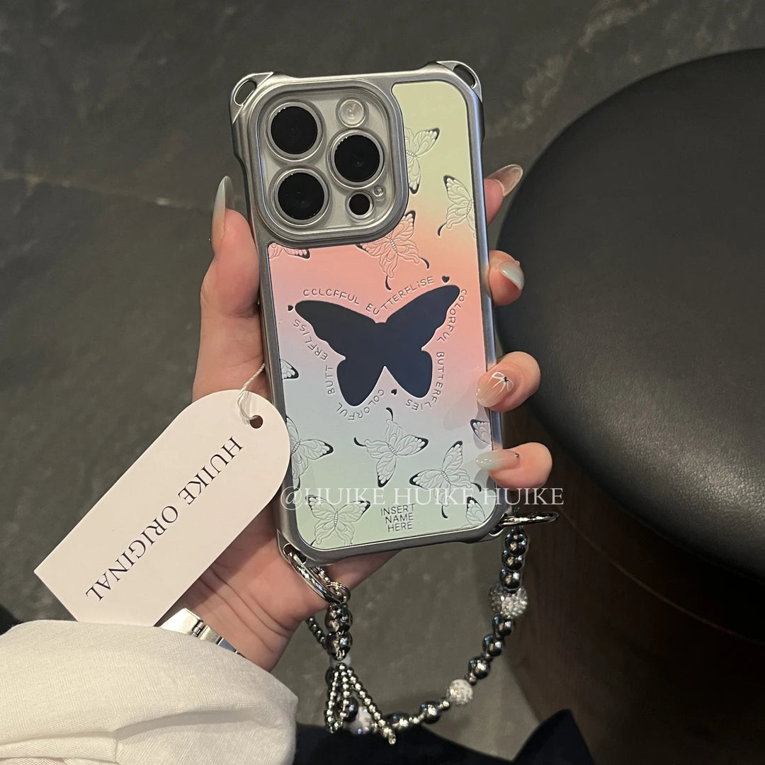 Color Gradient Butterfly Mirror Phone Case with Phone Charm Strap