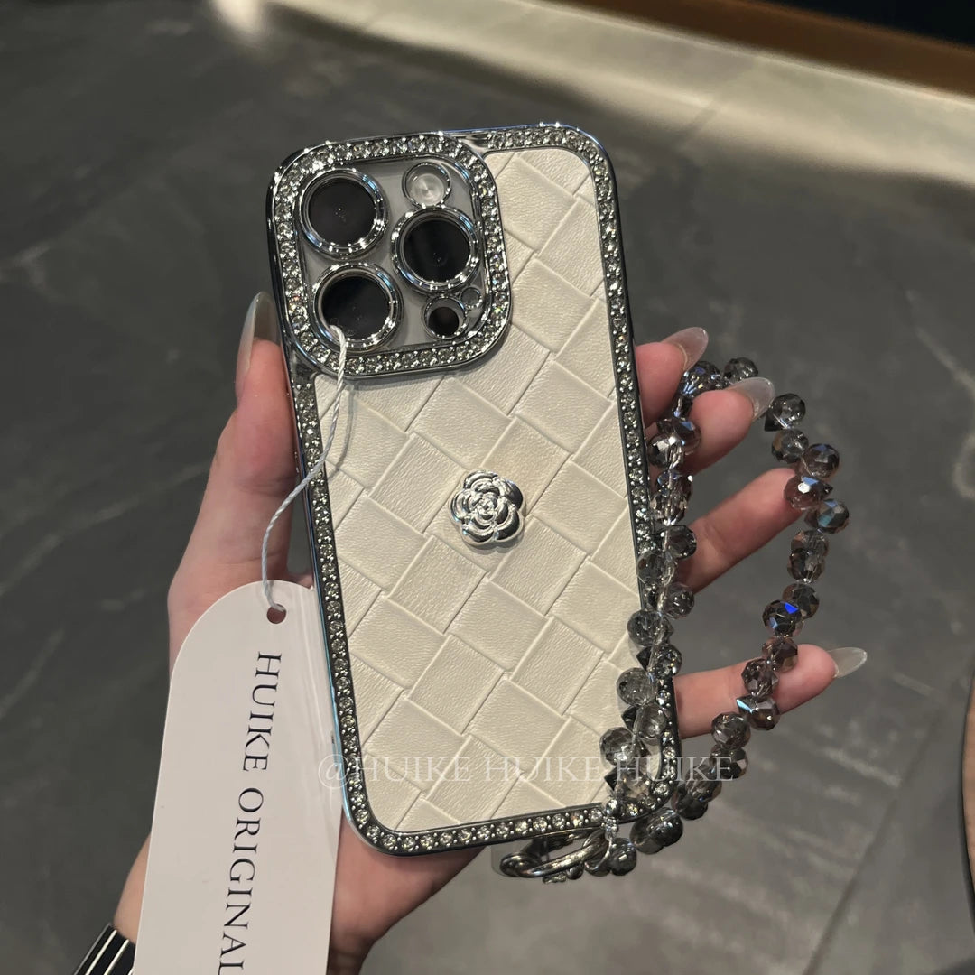 Elegant Woven Texture Phone Case with Phone Charm Strap,Compatible for iphone 17