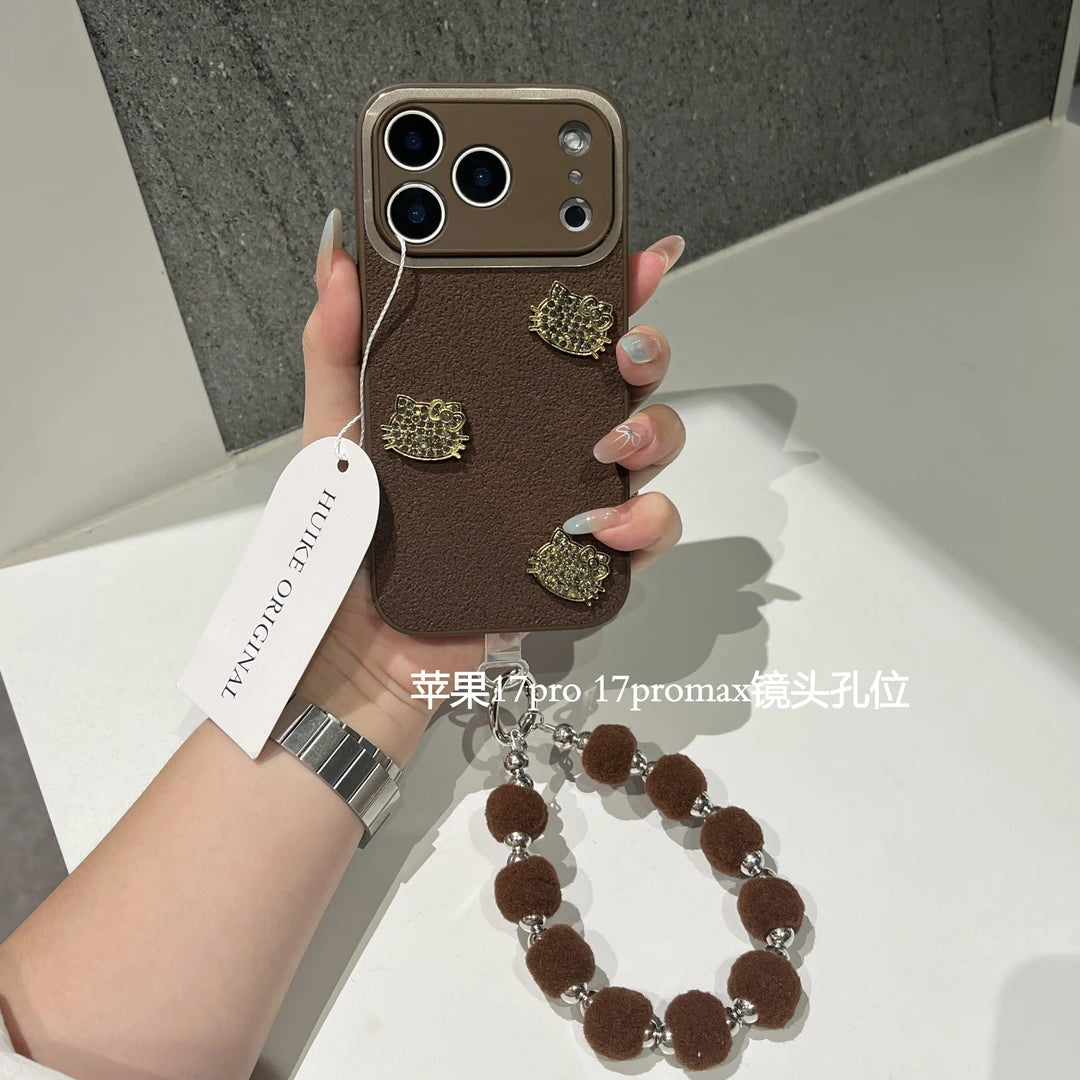 Brown Leather-Kitty Phone Case with Phone Charm Strap,Compatible for iphone 17