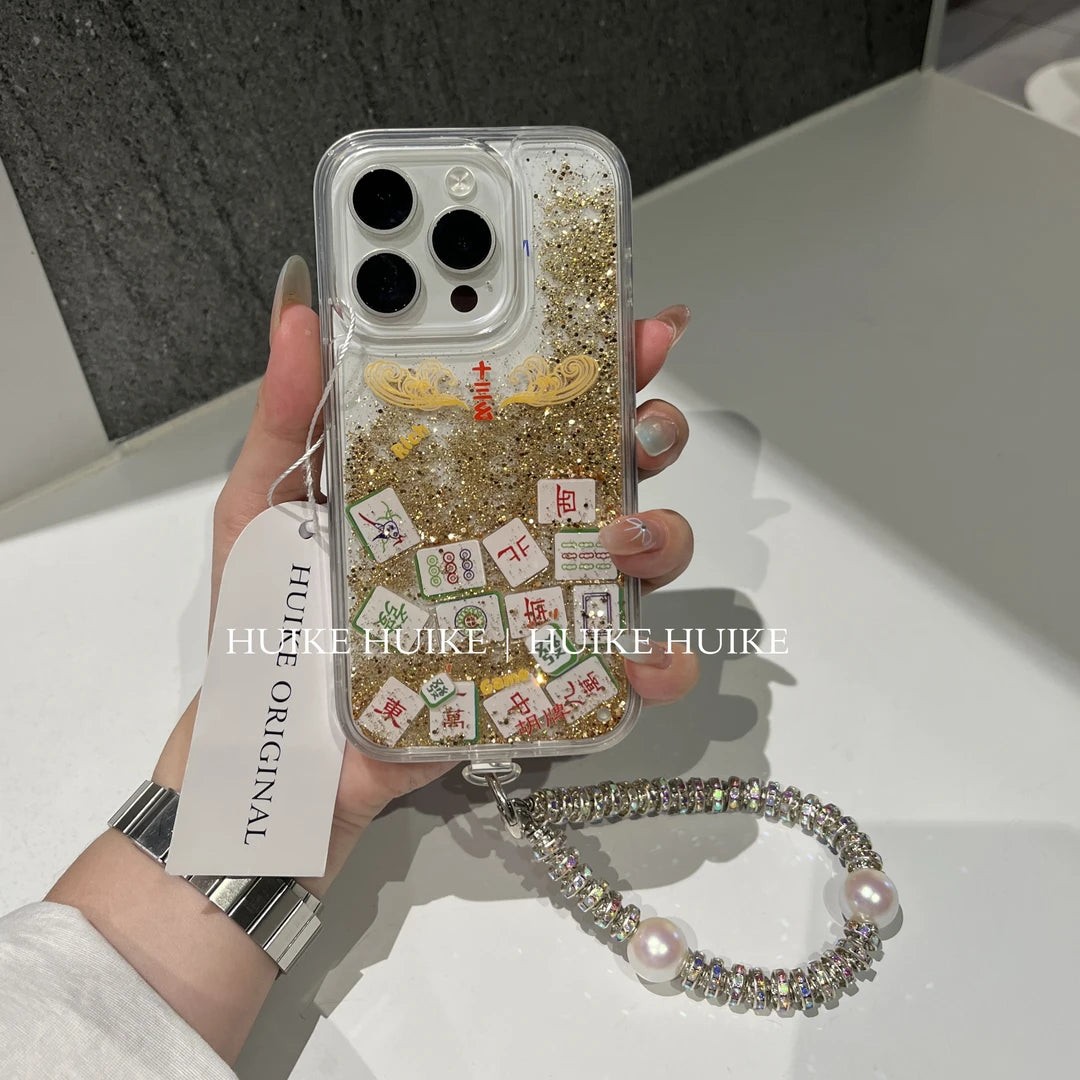 Shimmering Gold Mahjong Phone Case with Phone Charm Strap,Compatible for iphone 17