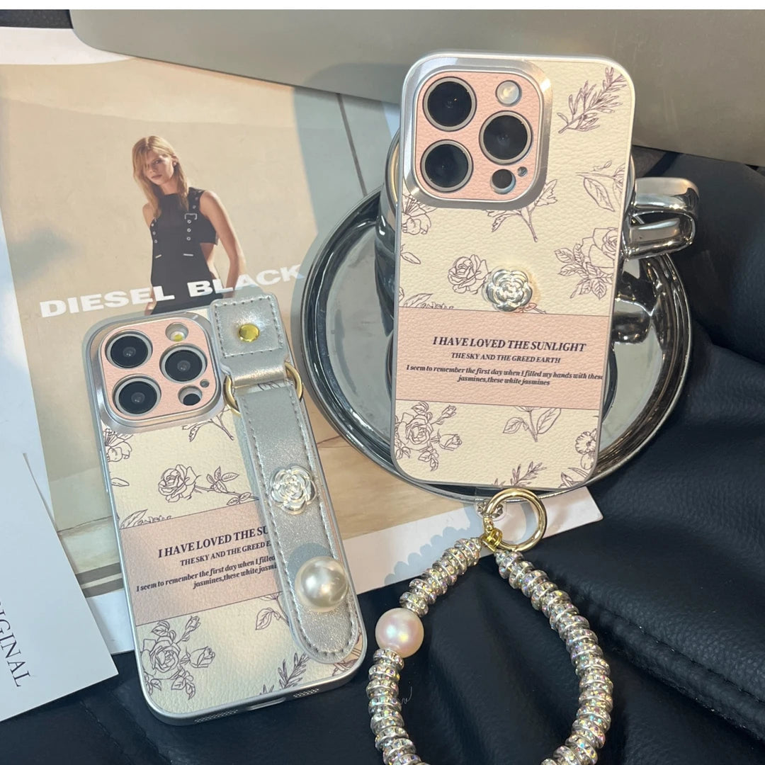 WHITE ROSE Camellia Phone Case with Phone Charm Strap