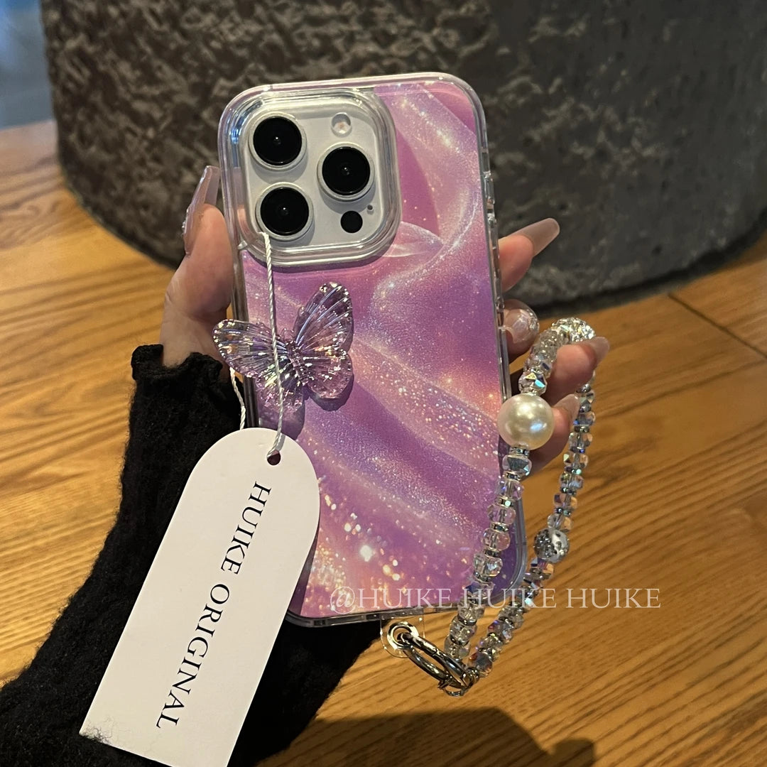 PURPLE TRANSPARTENT BUTTERFLY Phone Case with Phone Charm Strap