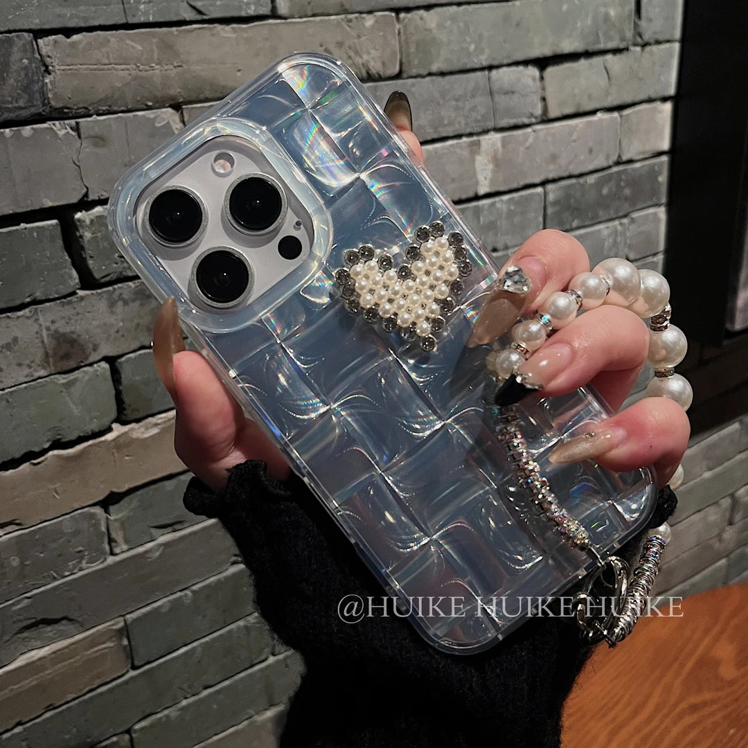 PEARL HEART Slivery Laser phone case with Phone Charm Strap