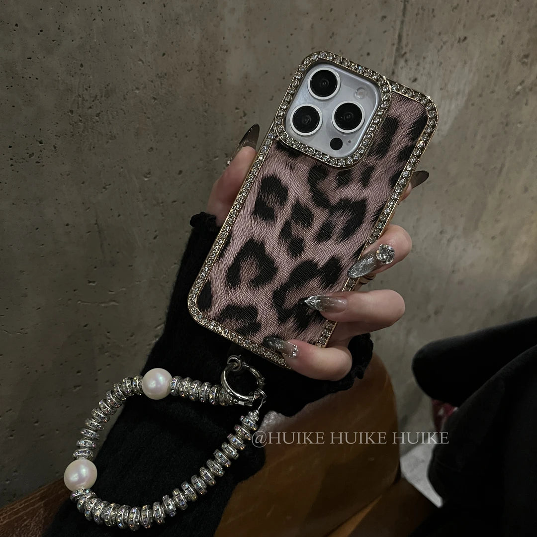 LEOPARD PRINT Sparkling Diamond Phone Case with Phone Charm Strap