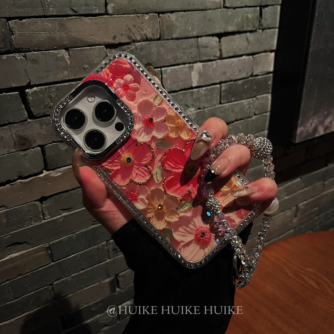 OIL PAINTING FLOWERS Rhinestone Border Phone Case with Phone Charm Strap