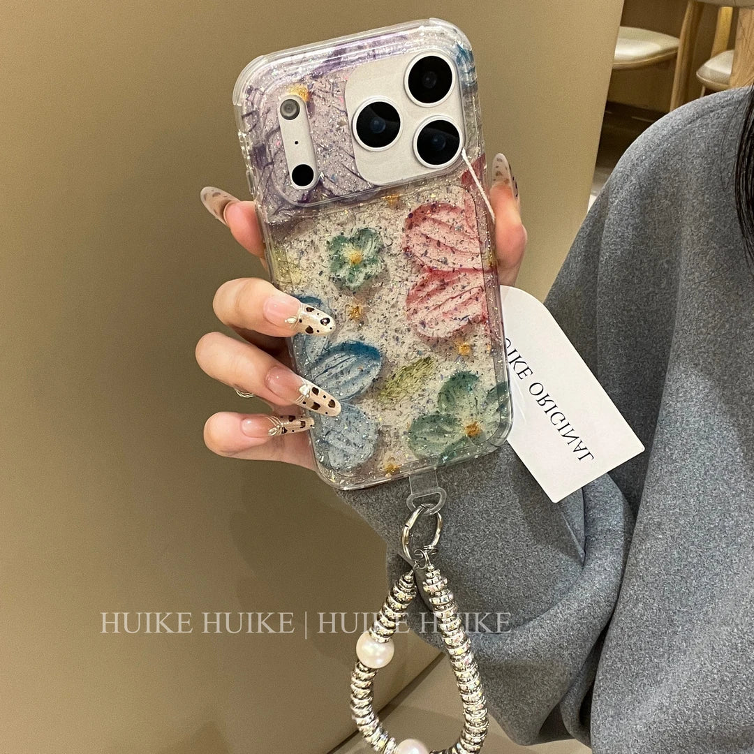 Gliter Colorful Flower Phone Case with Phone Charm Strap,Compatible for iphone 17