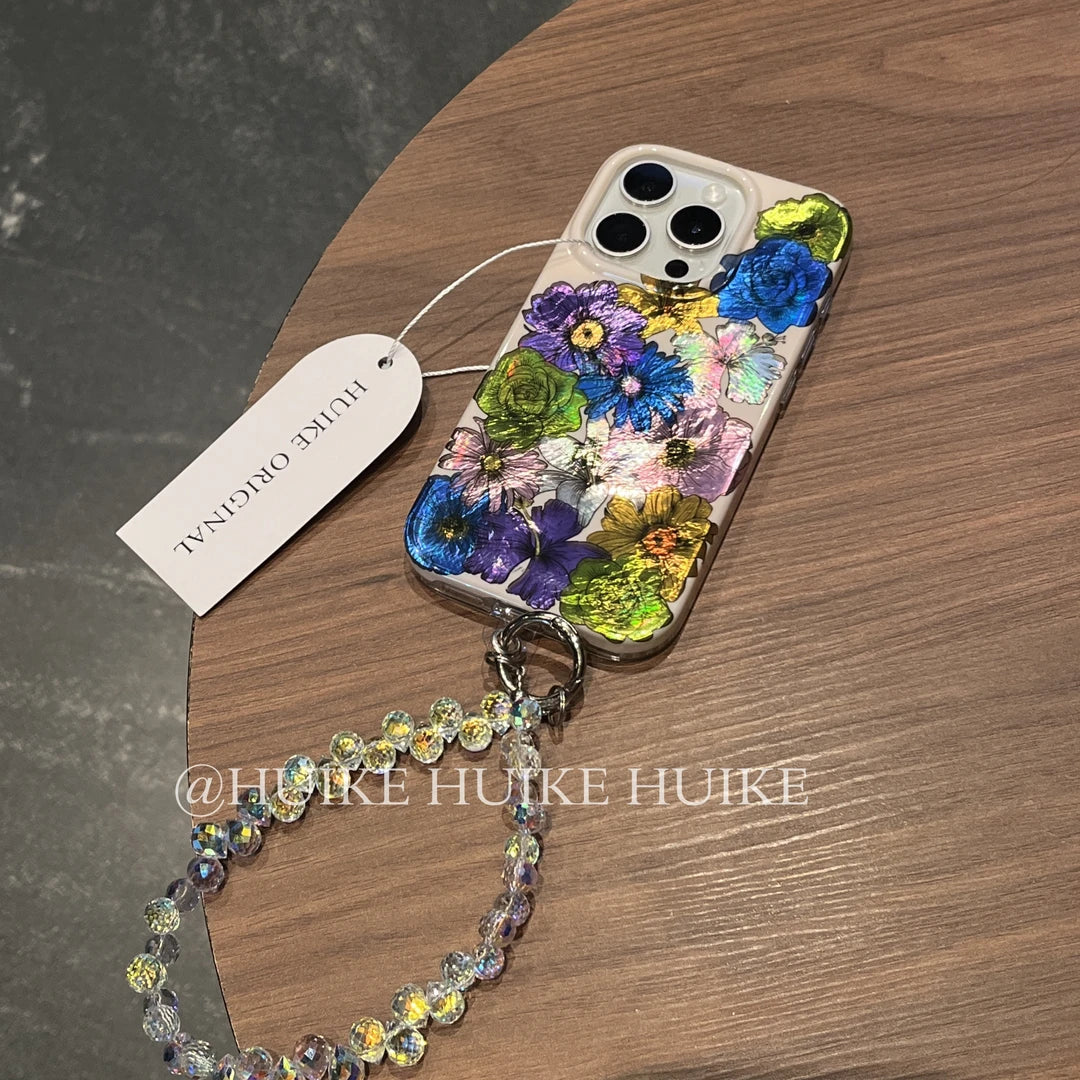 Colorful Flowers Phone Case with Phone Charm Strap