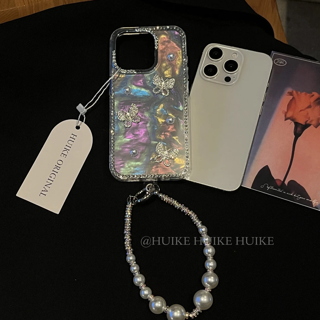 RHINESTONE BUTTERFLY Pearly Transparent Phone Case with Phone Charm Strap