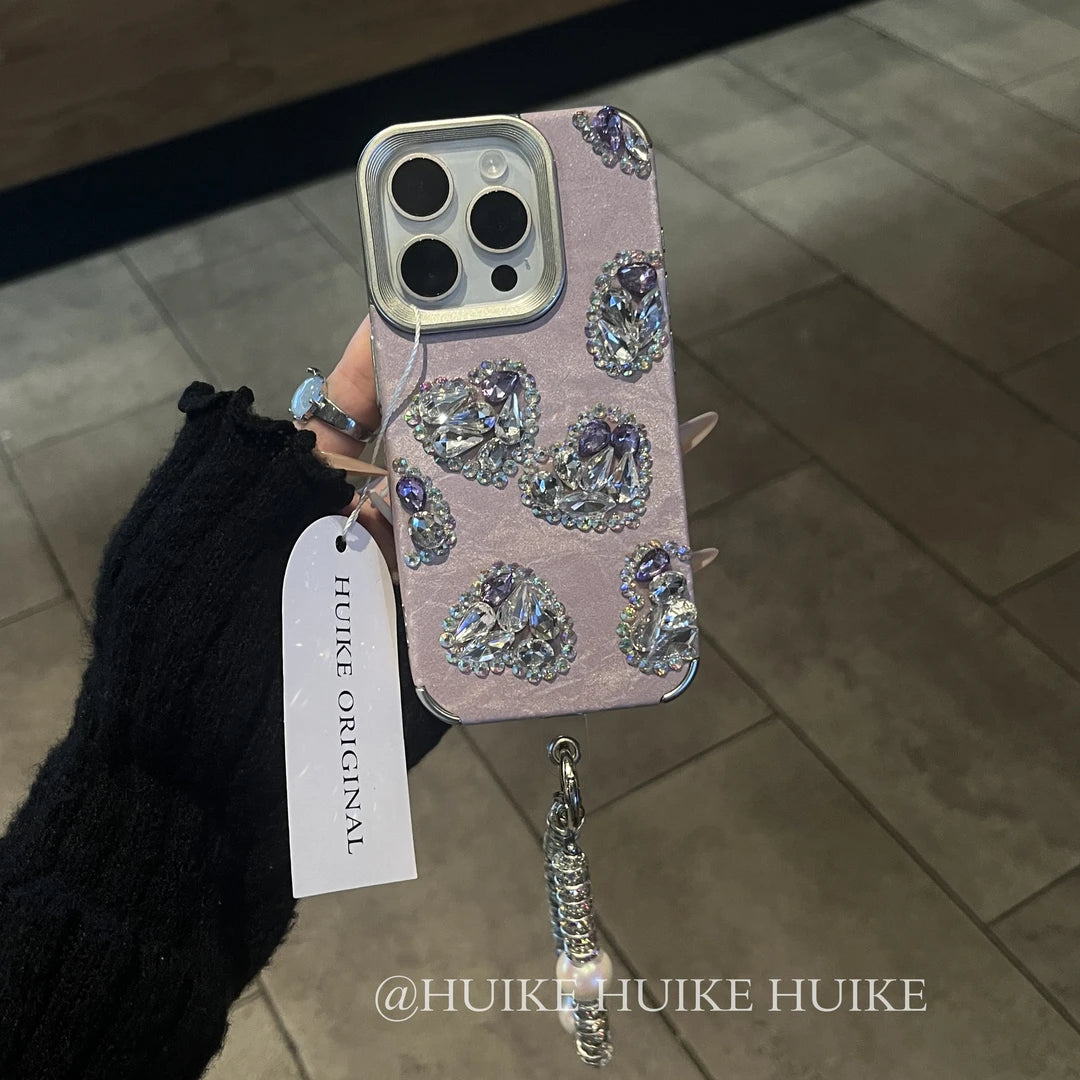 HEART-SHAPED Rhinestone Phone Case with Phone Charm Strap