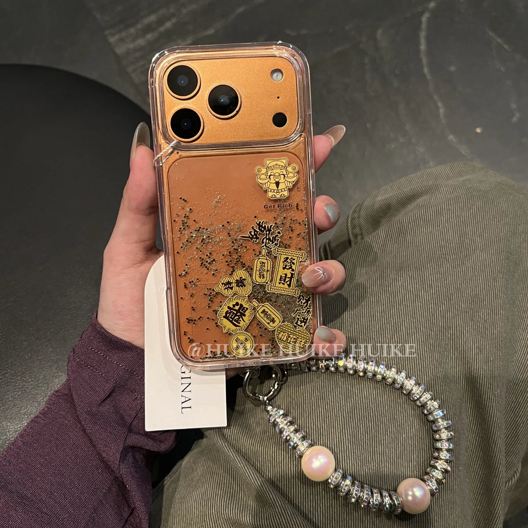 Gold & Good &Wealth & Luck Clear Liquid Glitter Phone Case with Phone Charm Strap,Compatible for iphone 17