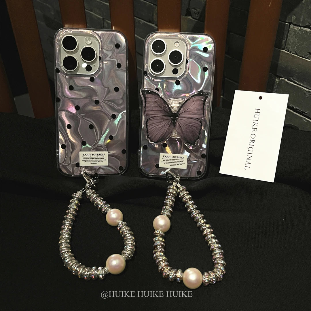 PURPLE BUTTERFLY Wave Point Phone Case with Phone Charm Strap