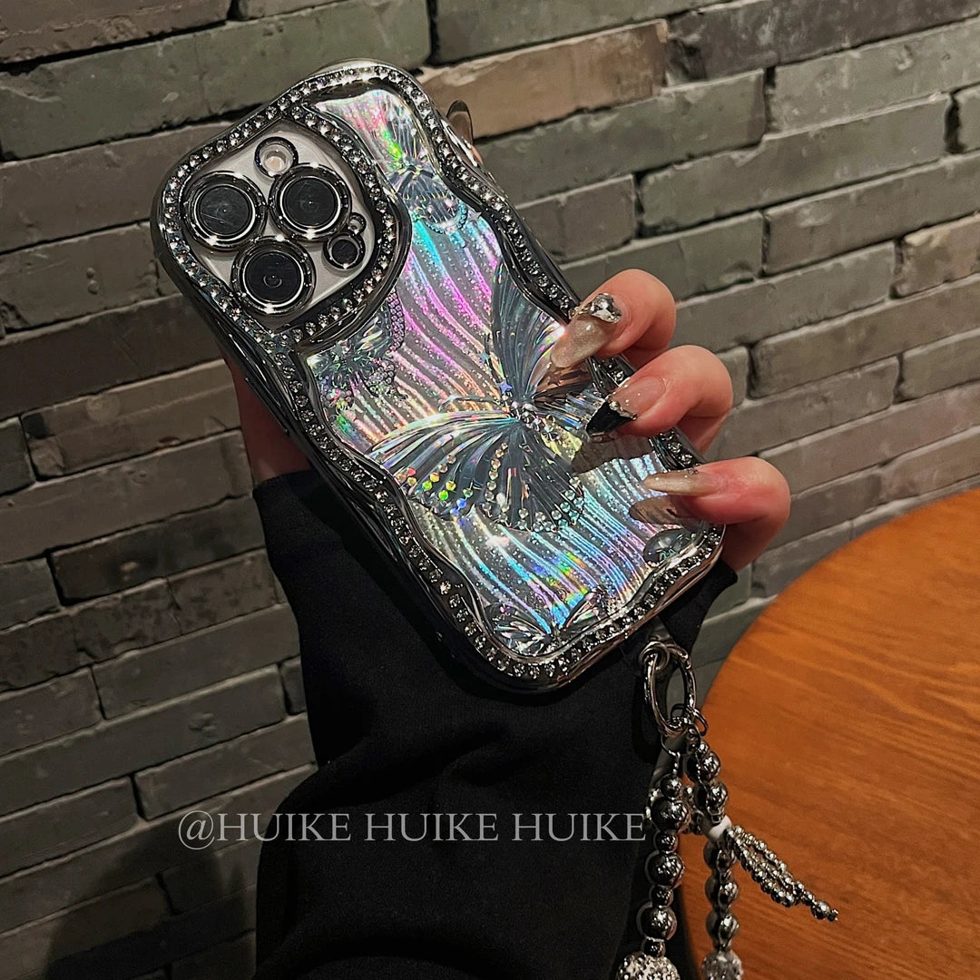 AURORA BUTTERFLY Sparkling Diamond Shining Glitter Phone Case with Phone Charm Strap