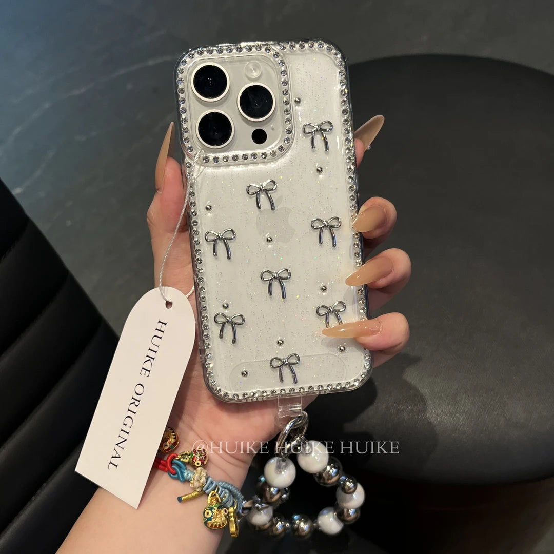 HANDMADE SLIVER BOW Transparent Drop Glue phone case with Phone Charm Strap