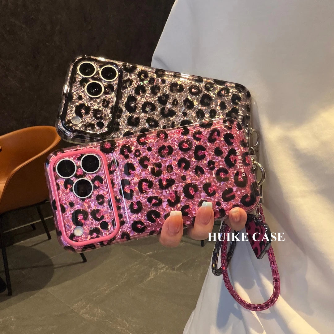 Glitter Leopard Phone Case with Phone Charm Strap,Compatible for iphone 18 /18 pro/18 pro max