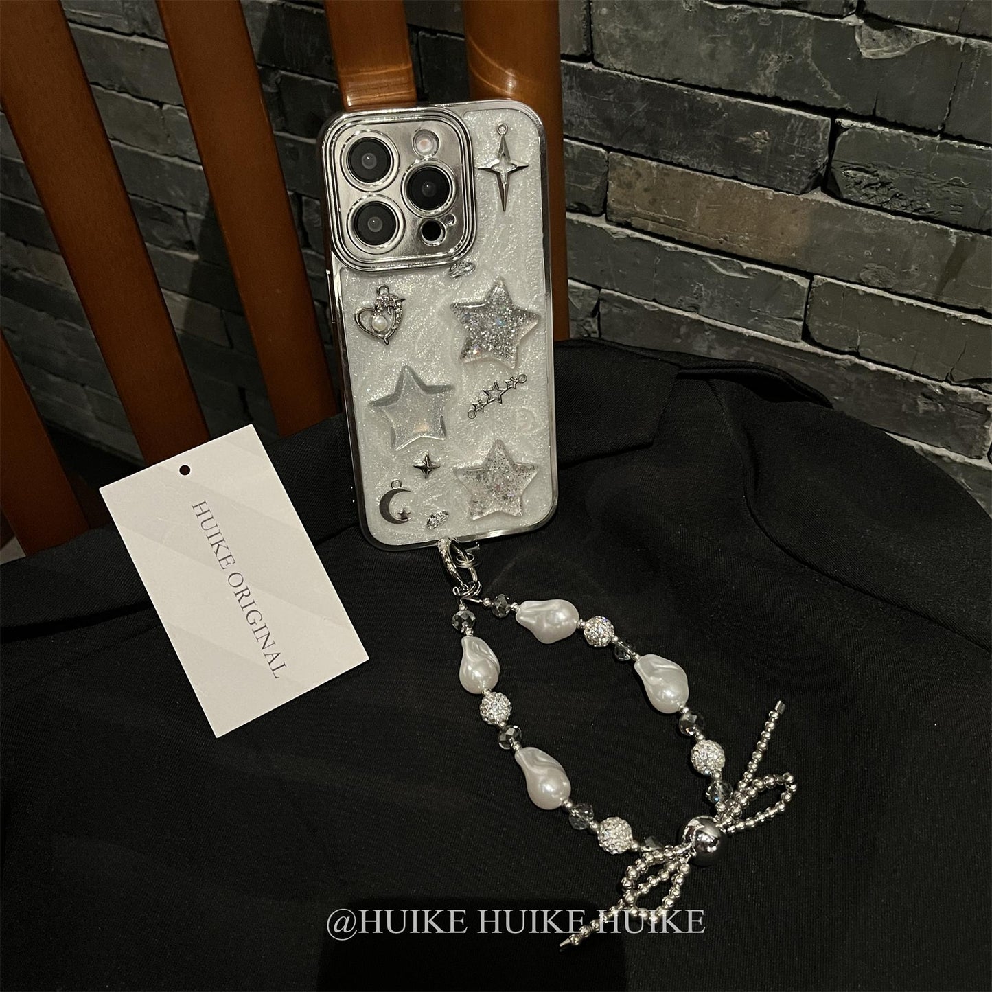 HANDMADE SILVER SHIMMERING STARS Phone Case with Phone Charm Strap