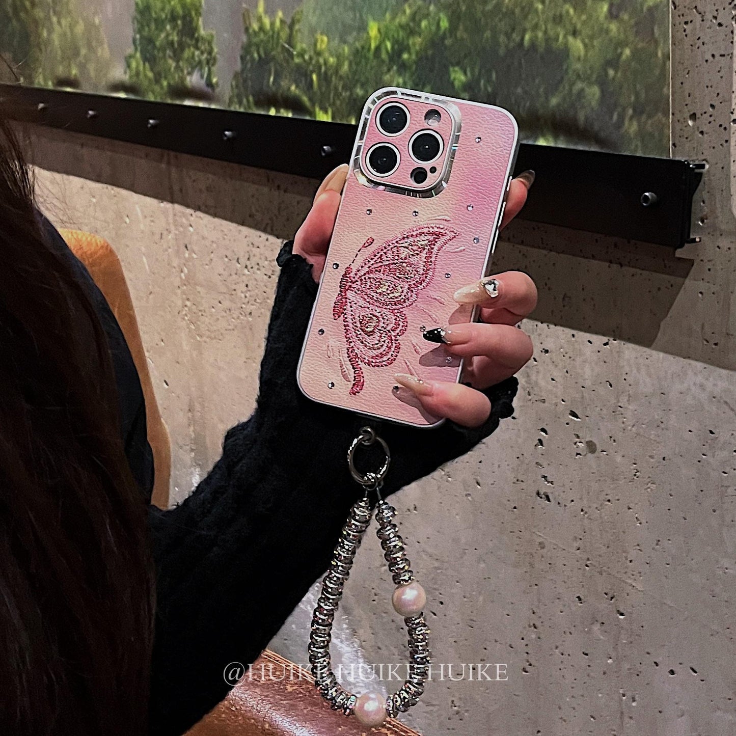 HANDMADE PINK EMBROIDERED Half Butterfly Phone Case with Phone Charm Strap