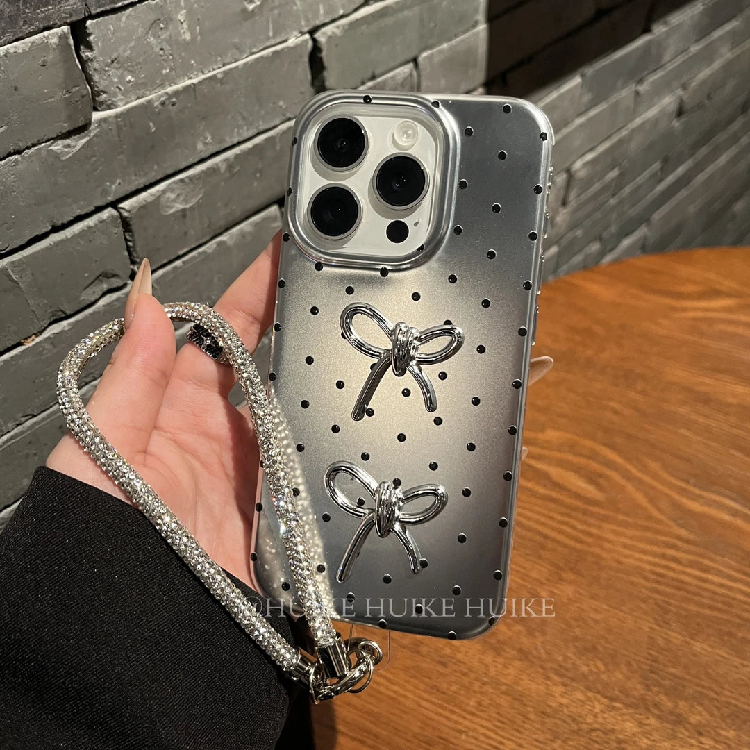 SLIVER POLKA DOT Bow Phone Case with Phone Charm Strap