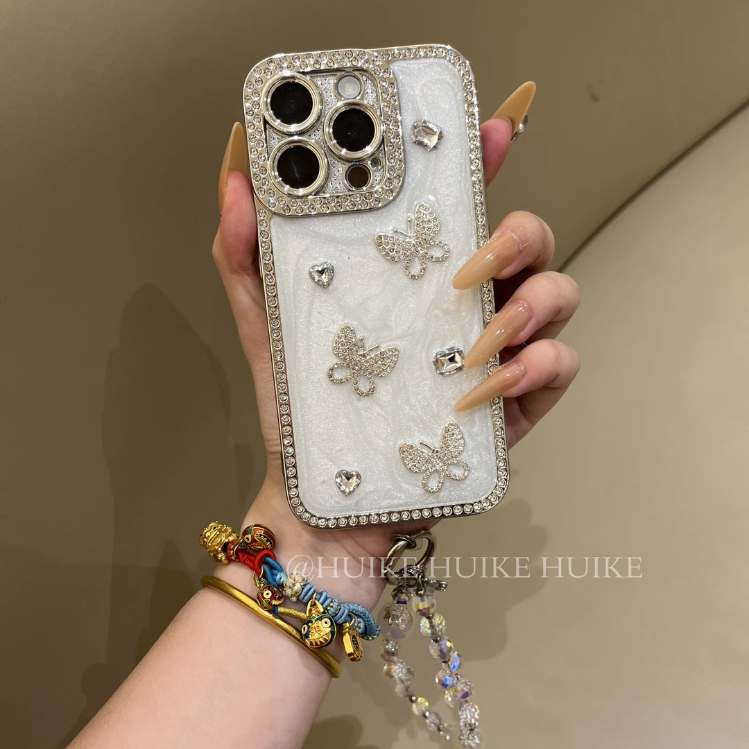 Handmade butterfly Sparkling Diamond Phone Case with Phone Charm Strap