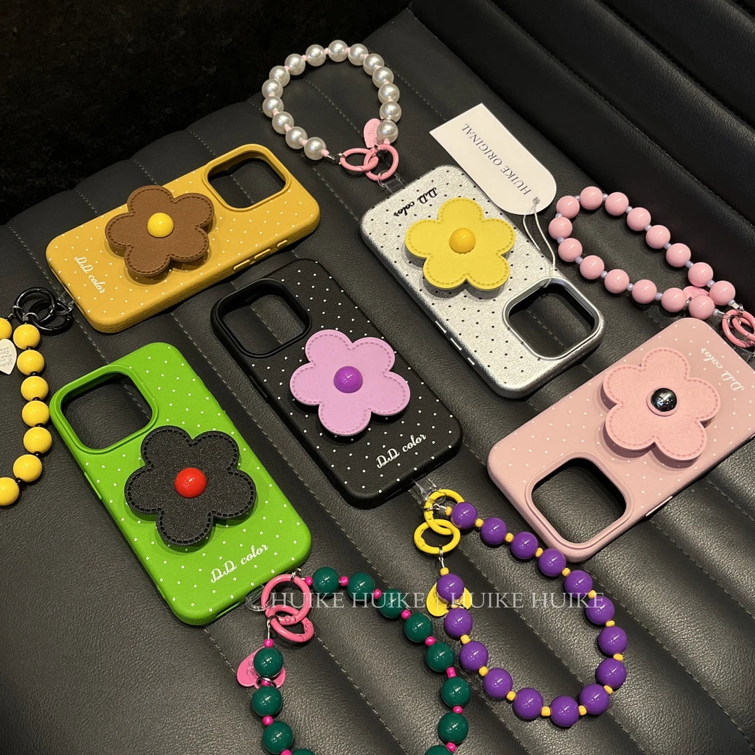 SUMMER FIOWER HOLDER Leather Phone Case with Phone Charm Strap