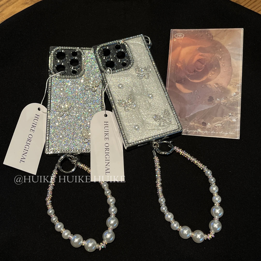 RHINESTONE GLITTER BUTTERFLY Pearl Phone Case with Phone Charm Strap