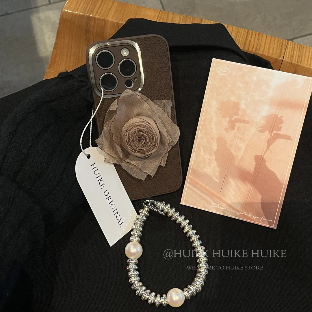 HANDMADE BROWN ROSE Leather Phone Case with Phone Charm Strap