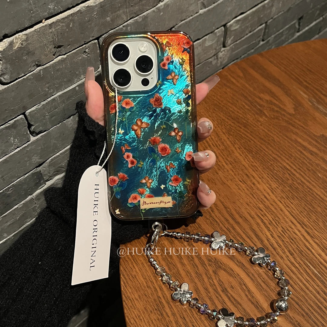 VINTAGE Blue Oil Painting Flower &Butterfly Phone Case with Phone Charm Strap