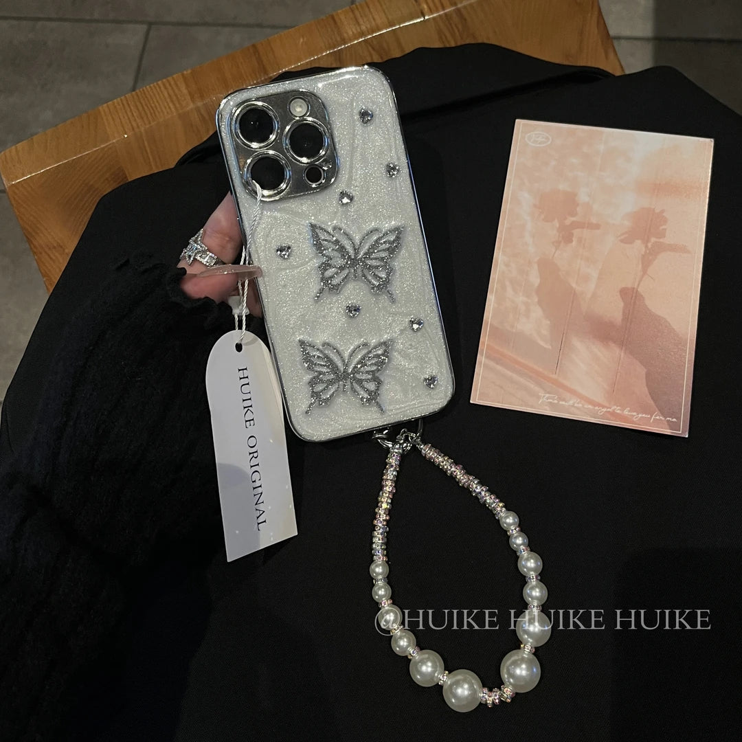 SLIVER BUTTERFLY Drip Glue Fine Glitter Phone Case with Phone Charm Strap