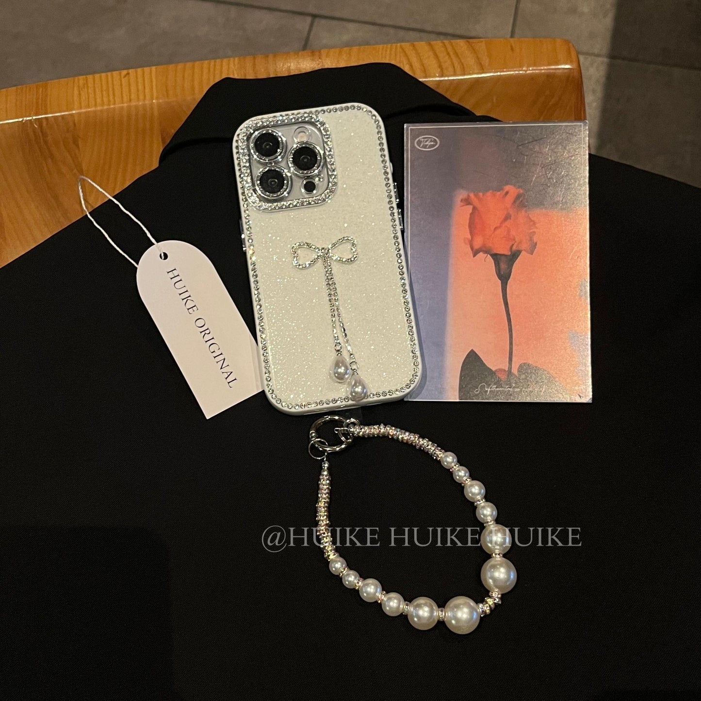 BOW TASSEL Rhinestone Border White Phone Case with Phone Charm Strap