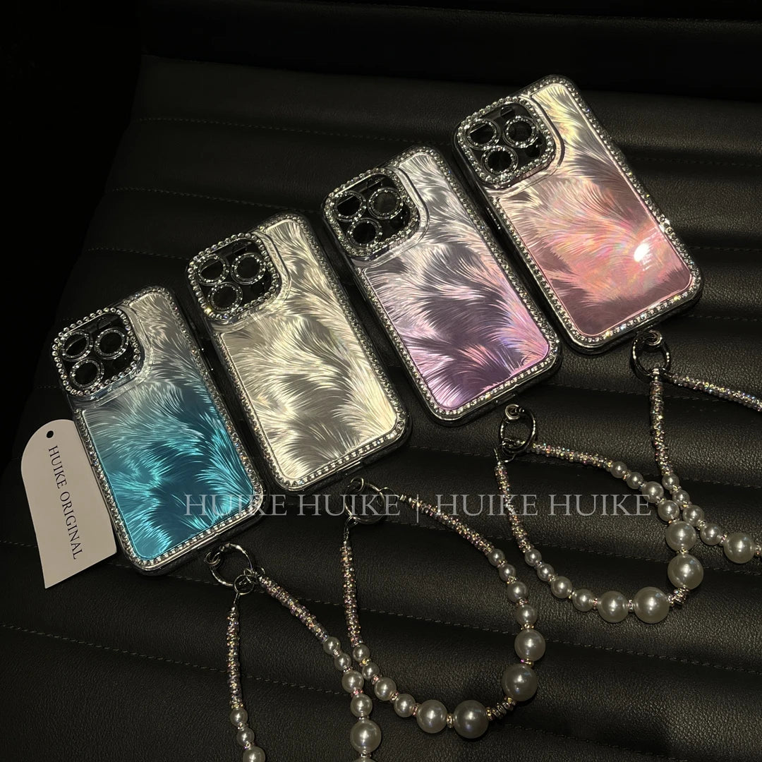 Diamond Studded Feather Phone Case with Phone Charm Strap
