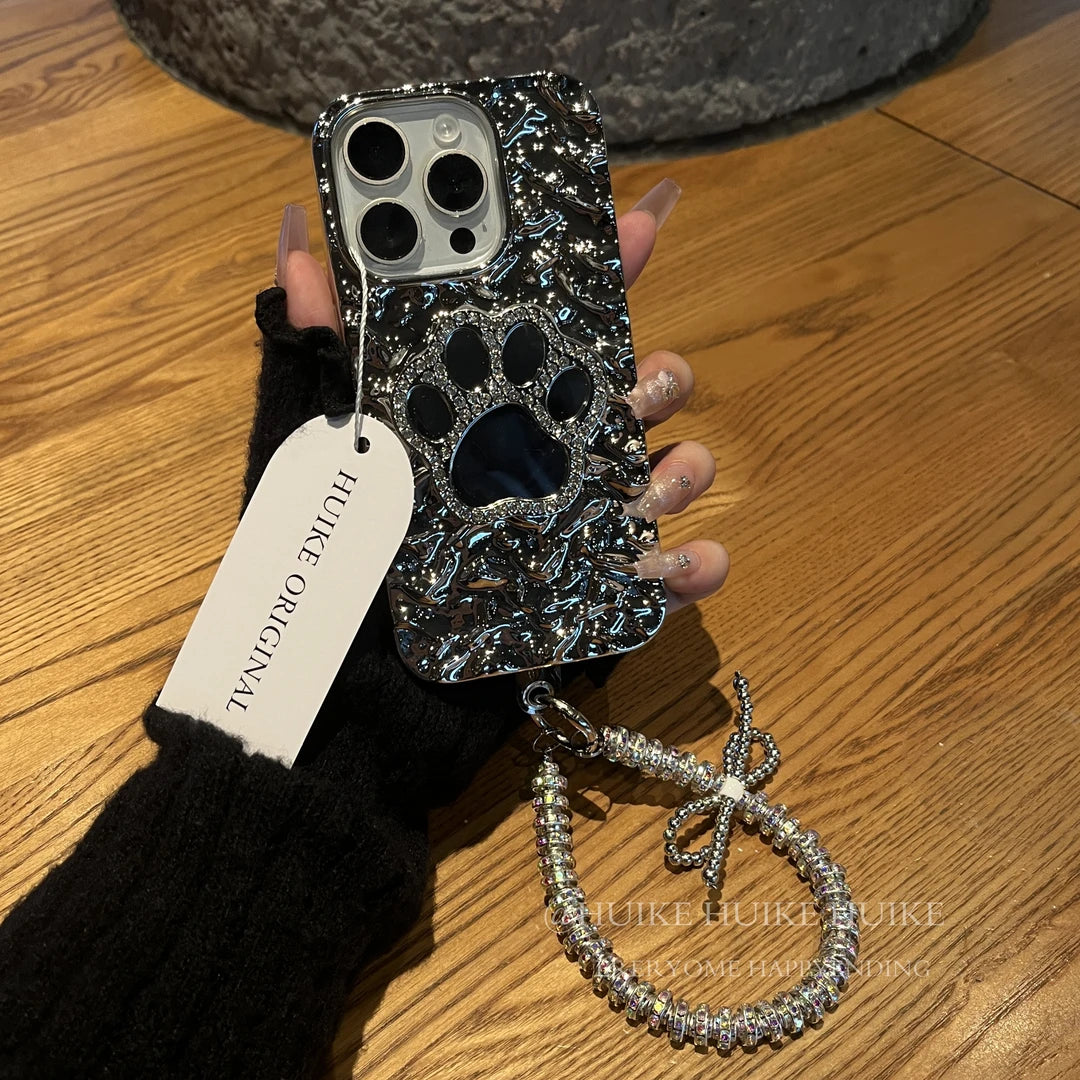 ELECTROPLATED SILVER Cat Paw Bracket Phone Case with Phone Charm Strap