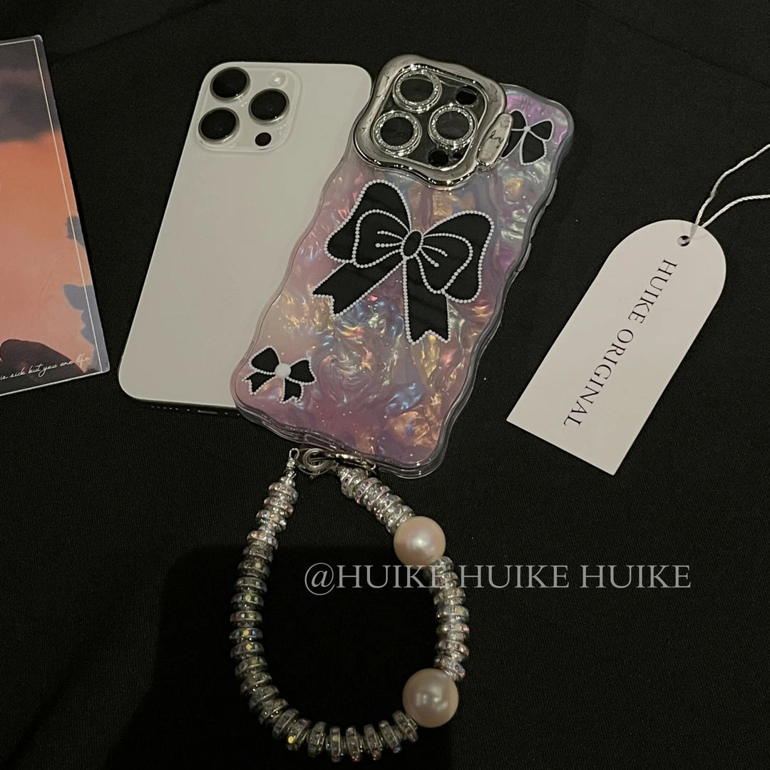 BLACK BOW Pink Shell Pattern phone case with Phone Charm Strap