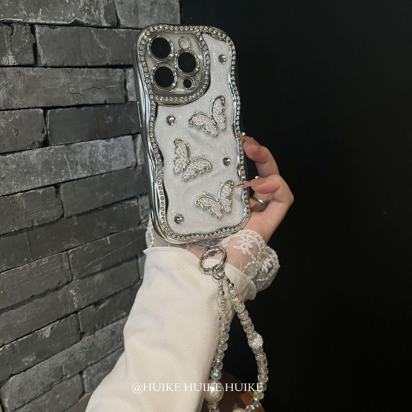 Handmade Diamond Inlaid Butterfly Phone Case with Phone Charm Strap