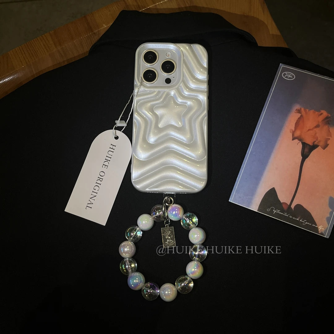 PEARL WHITE Pentagram Phone Case with Phone Charm Strap
