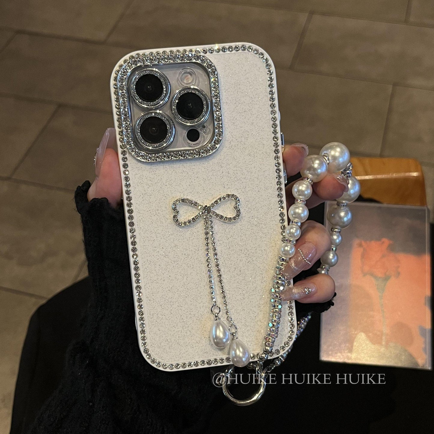 BOW TASSEL Rhinestone Border White Phone Case with Phone Charm Strap