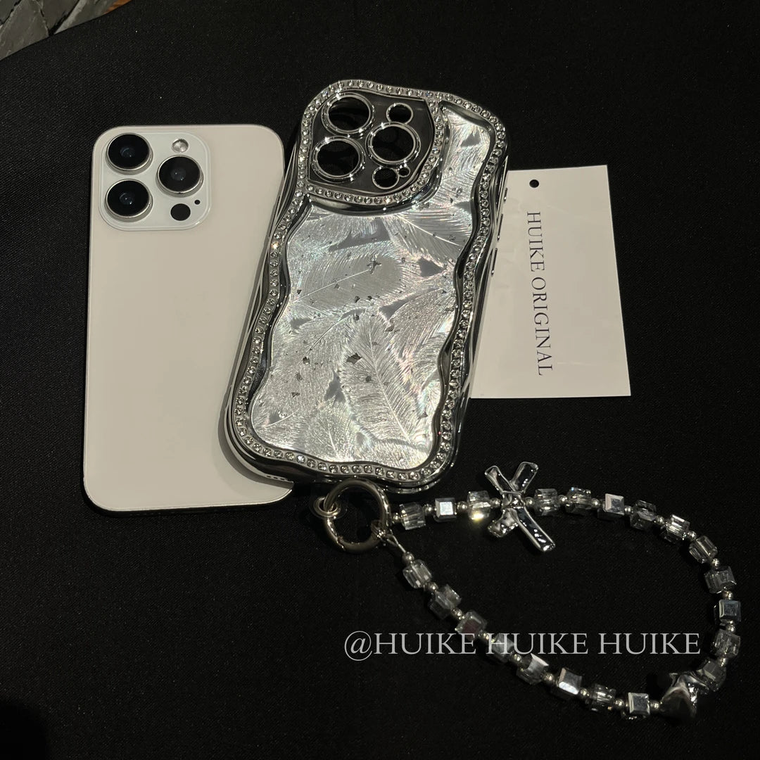 SLIVER FEATHER Sparkling Diamond Phone Case with Phone Charm Strap