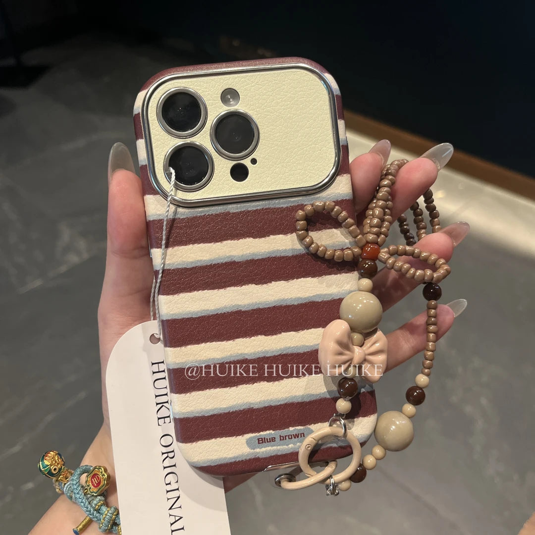 Blue Brown Stripe Phone Case with Phone Charm Strap,Compatible for iphone 17