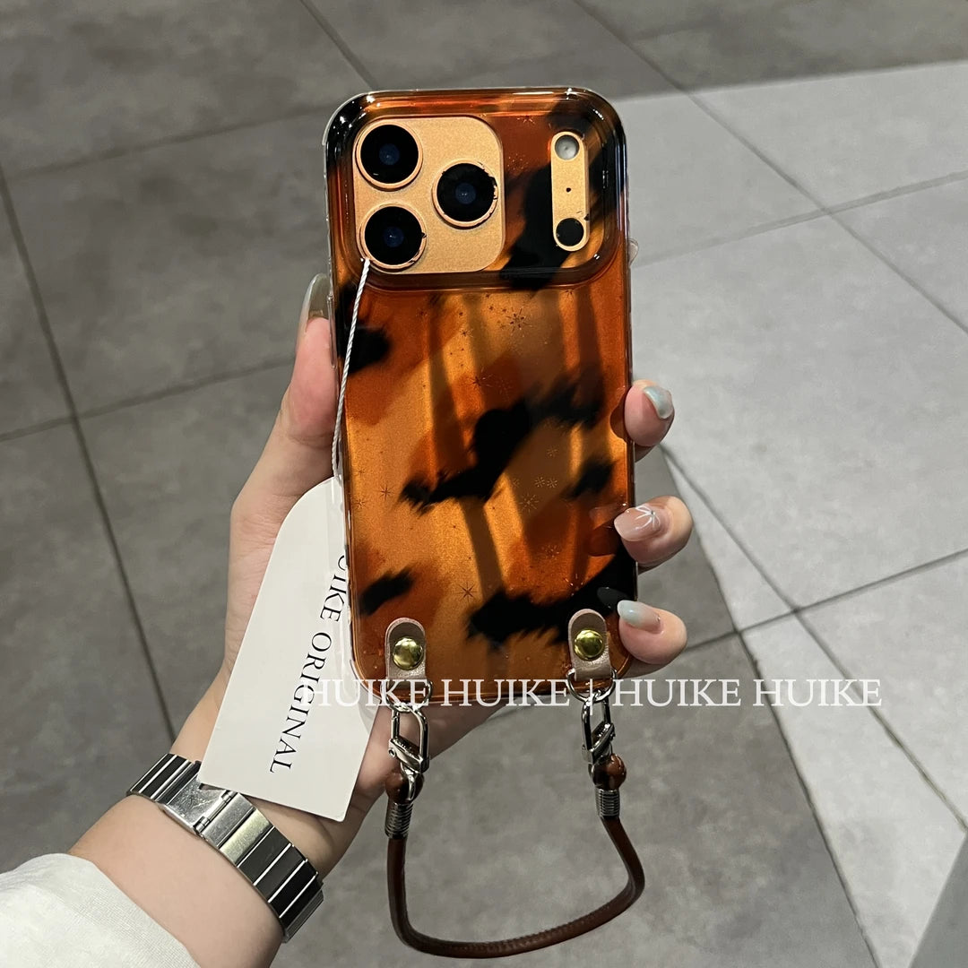 Premium Ombré Leopard Phone Case with Phone Charm Strap,Compatible for iphone 17
