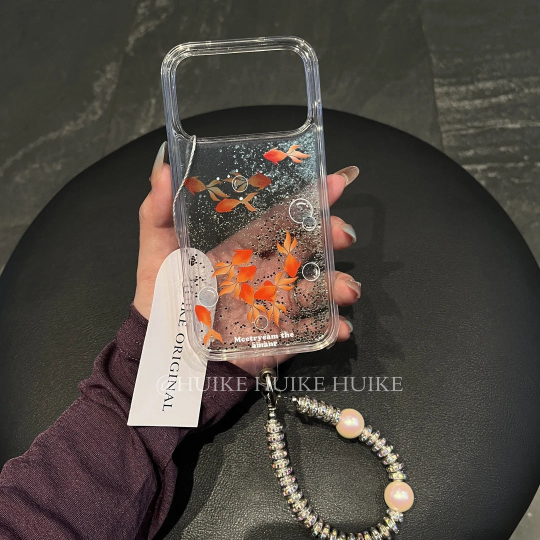 Transparent Water Flowing Goldfish Phone Case with Phone Charm Strap,Compatible for iphone 17