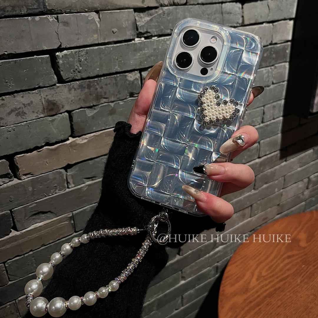 PEARL HEART Slivery Laser phone case with Phone Charm Strap