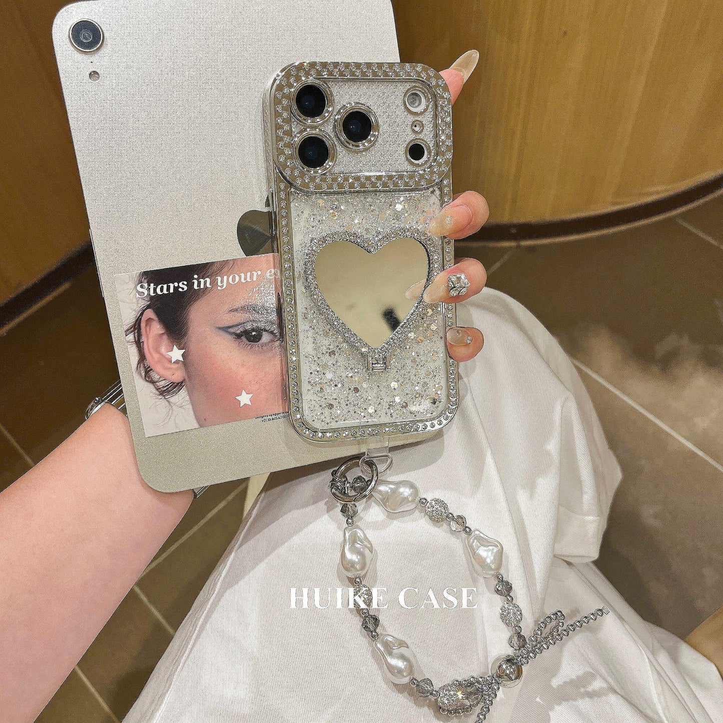 Shiny Heart Mirror Holder phone case Phone Case with Phone Charm Strap,Compatible for iphone 17