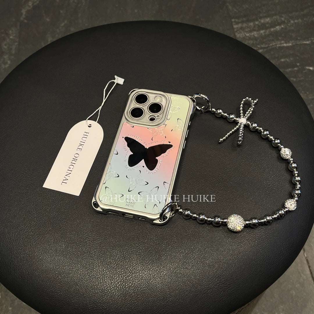 Color Gradient Butterfly Mirror Phone Case with Phone Charm Strap