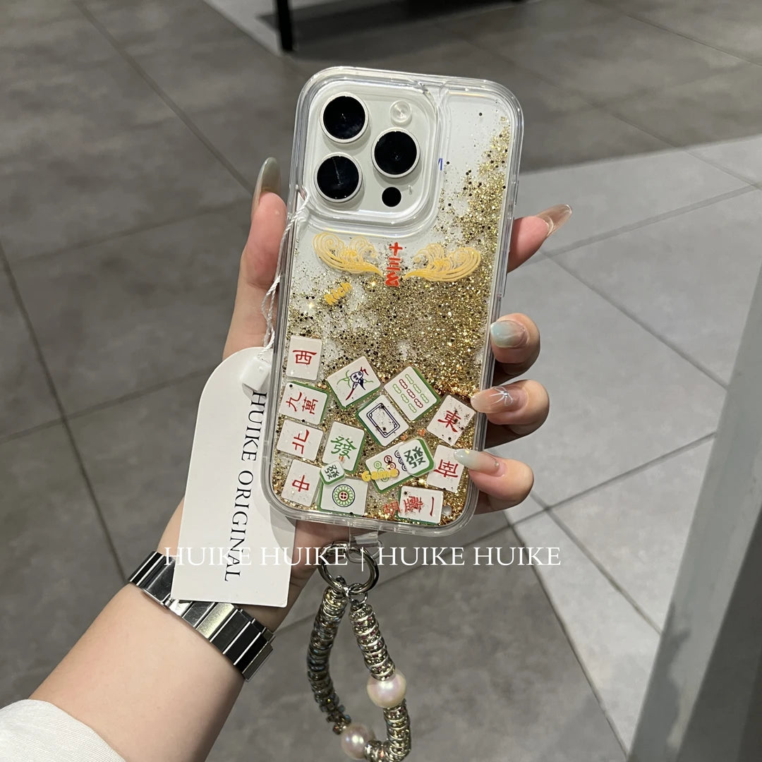 Shimmering Gold Mahjong Phone Case with Phone Charm Strap,Compatible for iphone 17